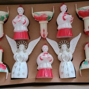 VINTAGE 1950's BRADFORD SET OF 10 PLASTIC ORNAMENTS WITH BOX